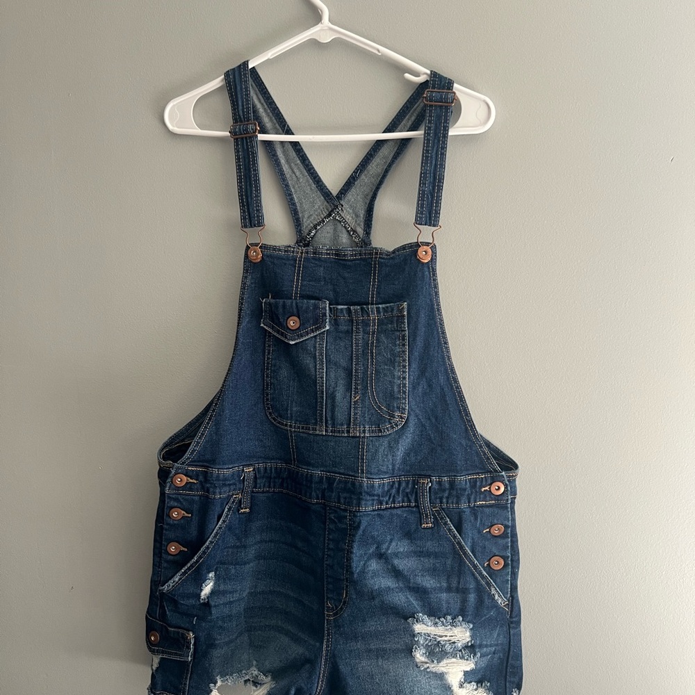 Denim Overalls with Distressed Details